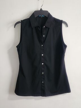J McLaughlin Top Womens M Black Sleeveless Catalina Cloth Collar Button Up Solid